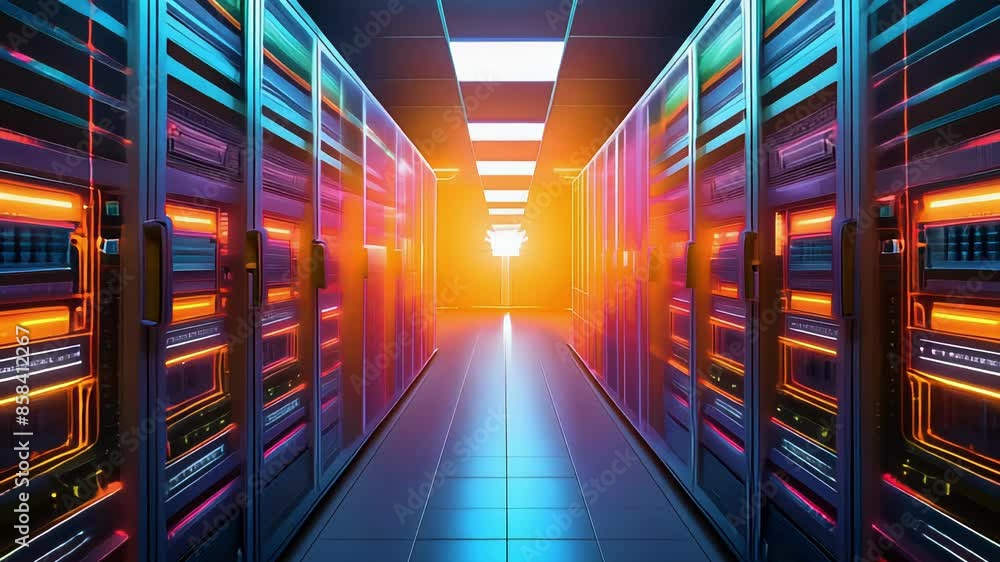 Aufkleber a brightly lit server room corridor with glowing server racks, showcasing advanced technology infras