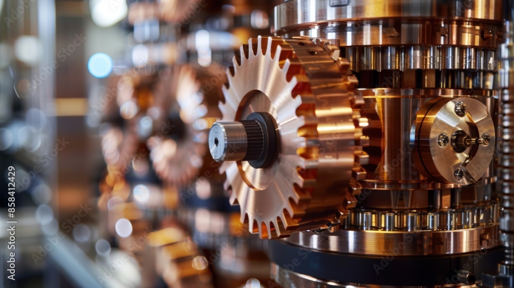 Poster a row of gears made of metal, some of which are gold. generate ai image