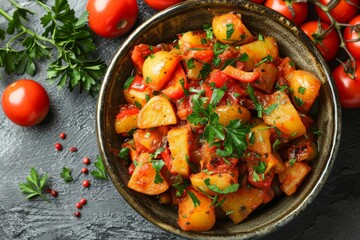 Top view of homemade vegetable stew with fresh parsley in a rustic bowl