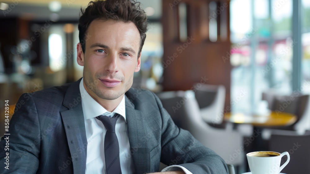 Poster a determined man in business attire enjoying a coffee break, with space around for adding custom tex