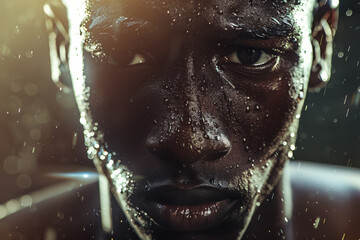 The close-up of a determined man’s face, with water dripping, highlights his unwavering focus and resilience amidst adversity.