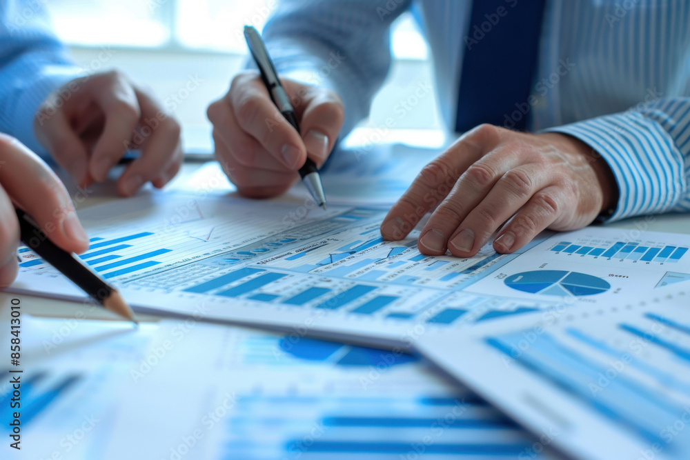 Poster close-up of business professionals analyzing graphs and charts during a meeting, highlighting data a