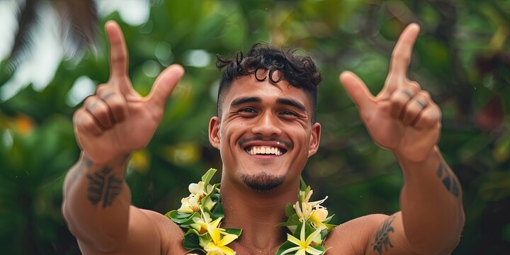 Smiling 22 year old fit Hawaiian male on the tropical beach 