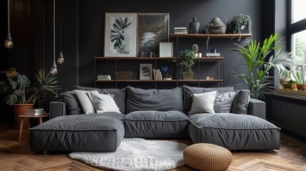 Fototapeta premium A living room with a grey sectional couch, a rug, and a potted plant