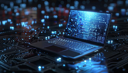 A laptop is displayed on a circuit board with a blue screen by AI generated image