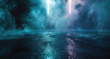 Obraz premium Abstract Background Scene with Wet Asphalt, Neon Lights, and Smoke in Dark Empty Street