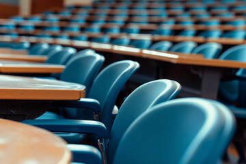 Naklejka premium Empty lecture hall with blue seats and wooden desks, ready for students in a university or college setting, emphasizing education and learning.