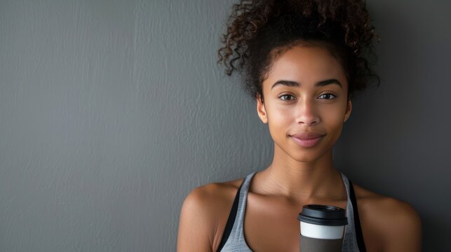 A female athlete with a coffee cup, exuding confidence against a neutral backdrop, providing room for customizable text or graphic