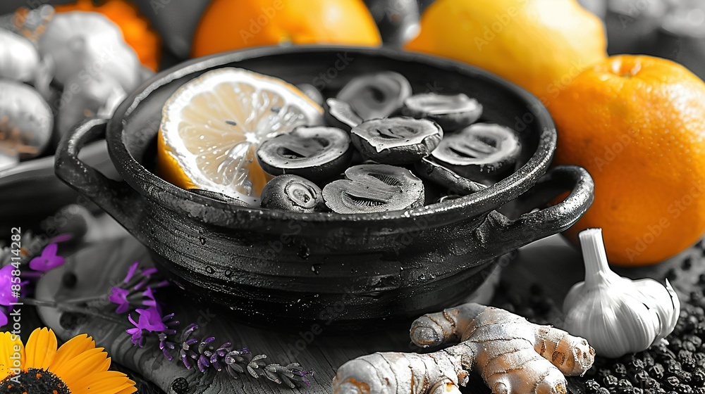 Poster   Black-and-white photo of lemon, orange, garlic, and ginger on table