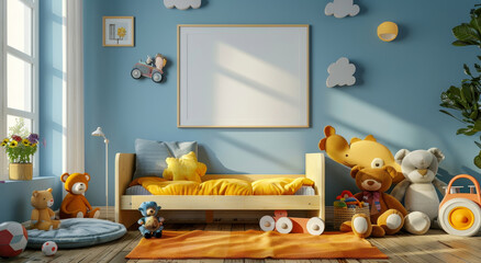 A room with a yellow bed and a white frame with a teddy bear on it by AI generated image