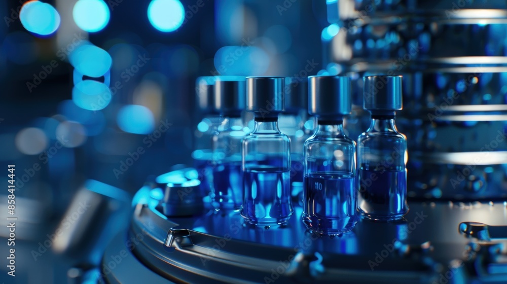 Poster a group of blue bottles are sitting on a table. generate ai image