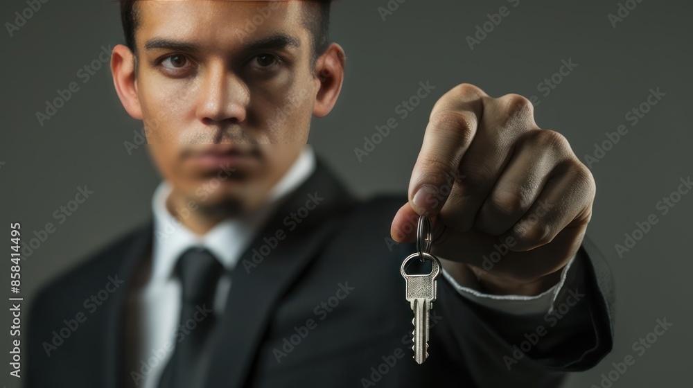 Poster a focused businessman with a keychain, against a simple background ideal for adding personalized mes