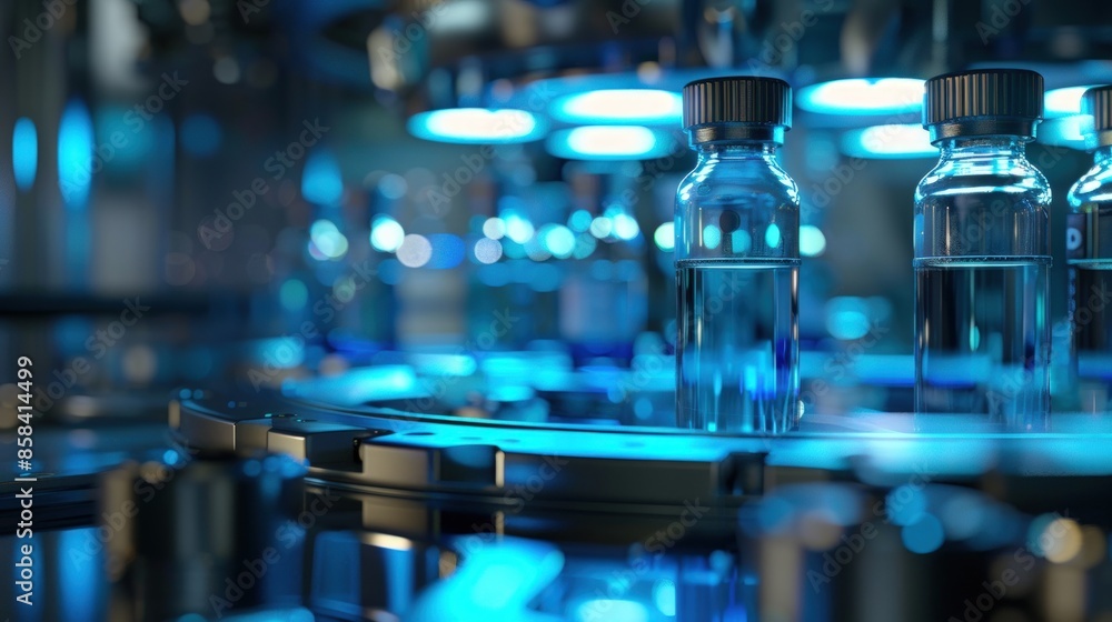 Poster a group of blue bottles are sitting on a table. generate ai image