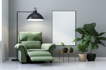 modern living room with armchair, Realistic image of a black lamp and green recliner in a grey living room, featuring a white, blank poster and potted plants, perfect lighting