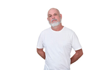 Obraz premium portrait adult man with white beard and bald head happy expression model man playing guitar stripped