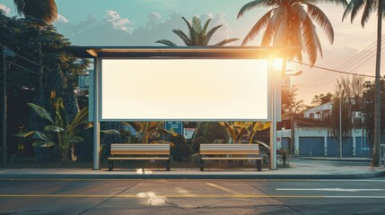 Blank billboard mockup at a tropical bus stop during sunset