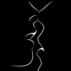 vector minimalist black and white illustration of silhouette of two passionately kissing people in love isolated on white background. useful for Valentines day cards, print, design elements, poster.