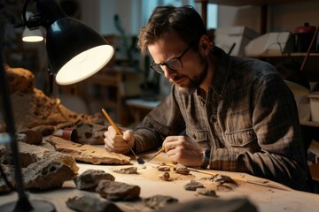 Obraz premium A male scientist studies archaeological finds. laboratory. story. excavations. archaeologist