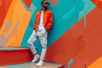 Urban Fashion: A Man in an Orange Jacket Leans Against a Colorful Wall
