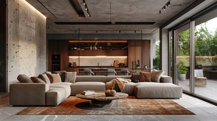 A modern living room with a large sectional couch, a coffee table, and a rug