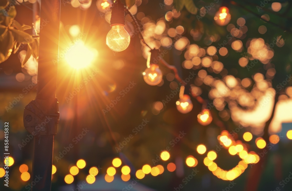 Aufkleber a string of outdoor lights hanging from an electric pole, creating a warm and inviting glow over the