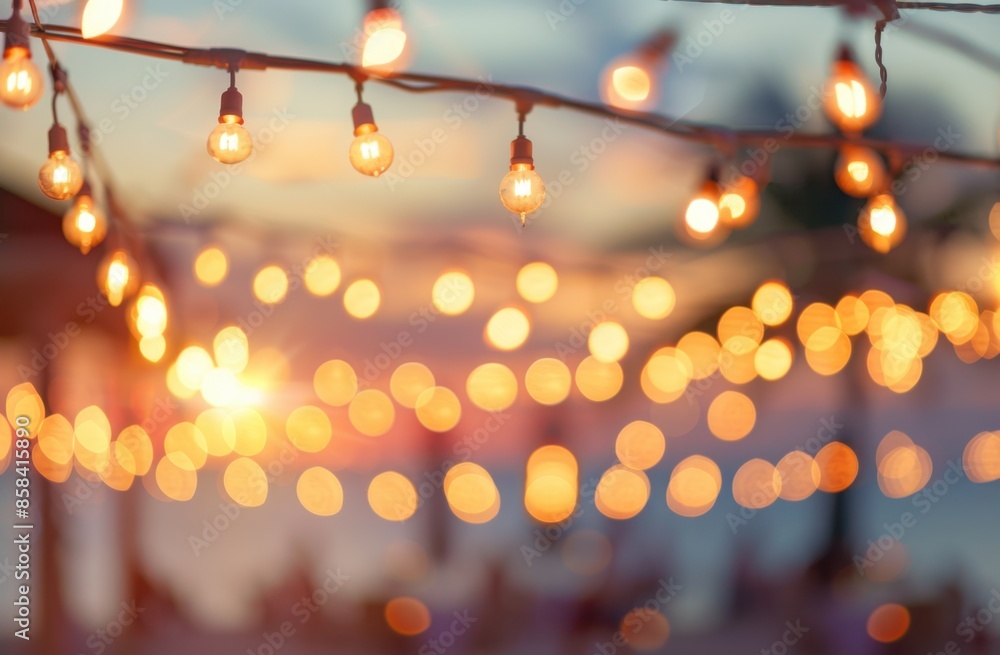 Aufkleber beautiful blurred background of an outdoor party with string lights at sunset background for text or