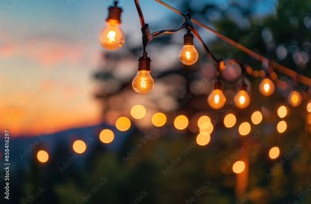 Poster a string of outdoor lights hanging from an eavesill, casting warm light over the party area with blu