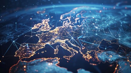 European telecommunications network connecting cities at night