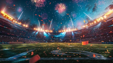 An American football stadium at night with fireworks exploding in the sky and confetti falling onto the field
