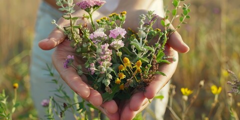 Woman holding a bouquet of wildflowers in a field