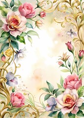 Elegant Floral Border Frame with Watercolor Roses - Perfect for Custom Text or Invitations