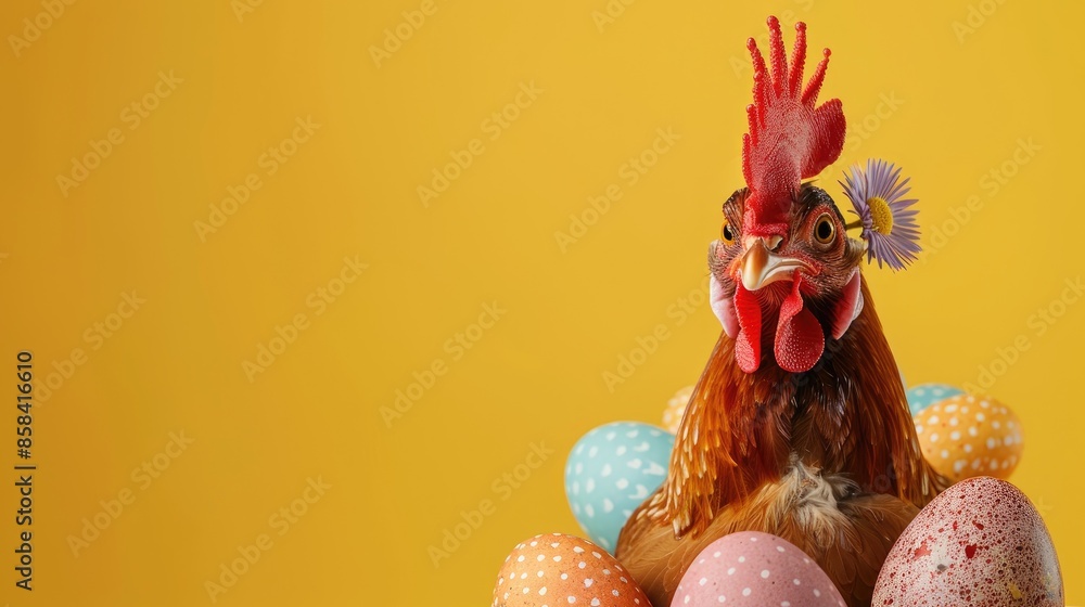 Poster creative easter concept with festive chicken wearing accessories minimal pattern background with spa