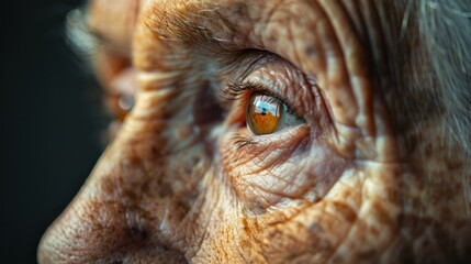 A macro shot of aging skin under natural light, capturing the intricate details of wrinkles, fine lines, and age spots.