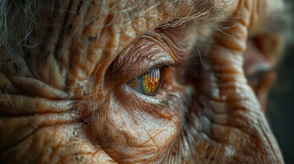 A macro shot of aging skin under natural light, capturing the intricate details of wrinkles, fine lines, and age spots.