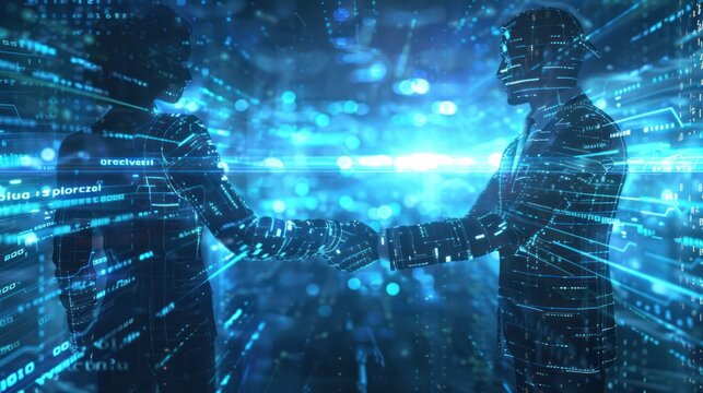A futuristic hologram handshake between two business professionals, with a sleek, digital background offering ample space for text or branding
