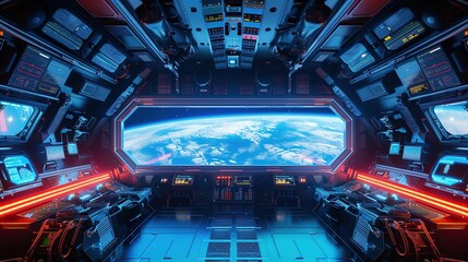 Dark spaceship interior with glowing blue and red lights. Futuristic spacecraft with large window view on planet Earth and control panels. 3D rendering
