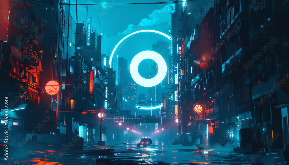 Wall mural a cityscape with neon lights and a large circle in the middle by ai generated image