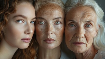A multi-generational family portrait, focusing on the differences in skin aging across three generations, from youthful smoothness to mature texture.