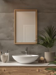 Minimalist Bathroom Elegance with Frame Mockup Above Sleek Sink and Vanity