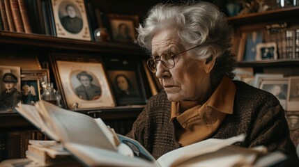 Peaceful elderly people surrounded by mementos and photos from the past