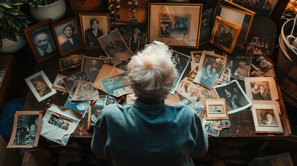 Peaceful elderly people surrounded by mementos and photos from the past