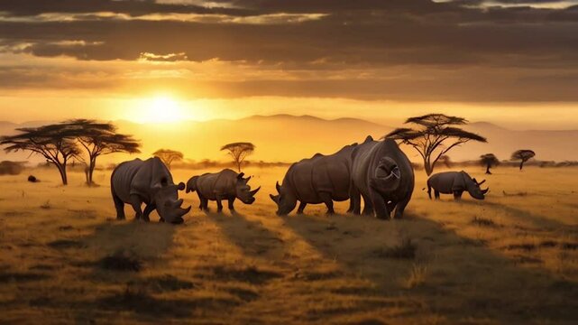 the sun rises over the African plains, a family of rhinos, hippos, and buffalo graze peacefully
