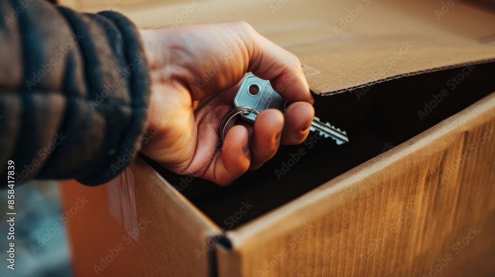 Poster a hand reaching into a package box to retrieve a key, symbolizing the act of unlocking new opportuni