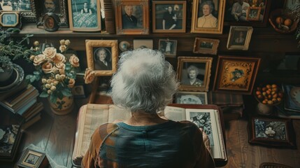 Peaceful elderly people surrounded by mementos and photos from the past