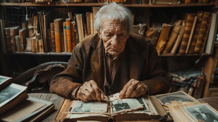 Peaceful elderly people surrounded by mementos and photos from the past