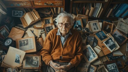 Peaceful elderly people surrounded by mementos and photos from the past