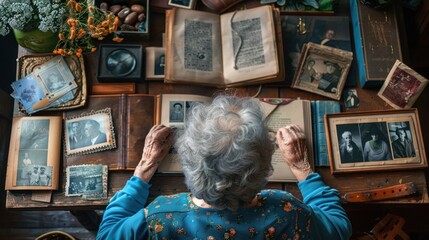 Peaceful elderly people surrounded by mementos and photos from the past
