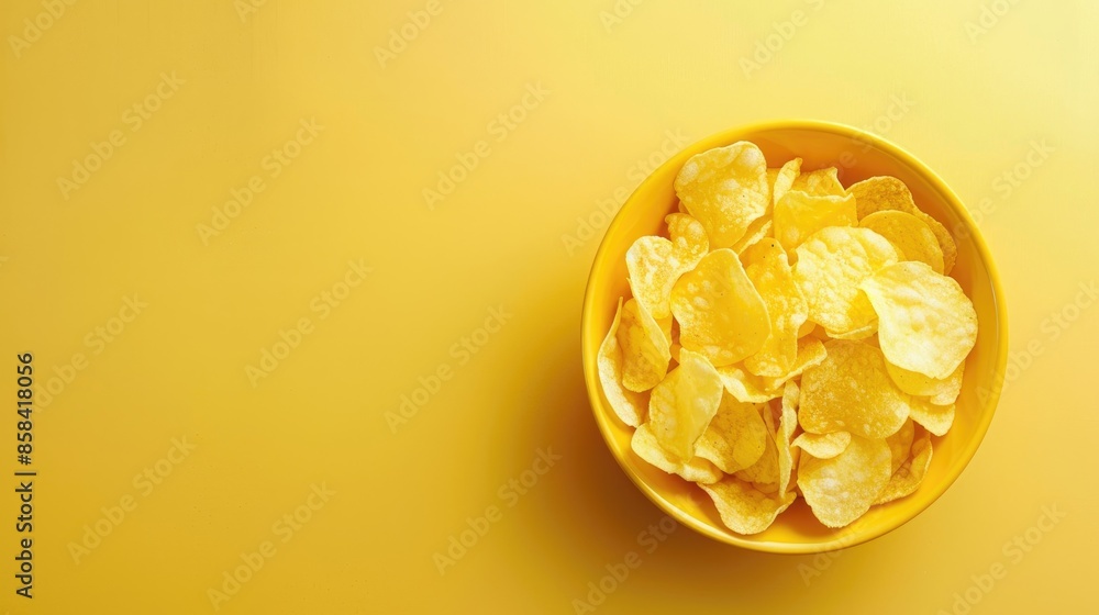 Poster potato chips displayed in yellow bowl on matching background viewed from top with space for text