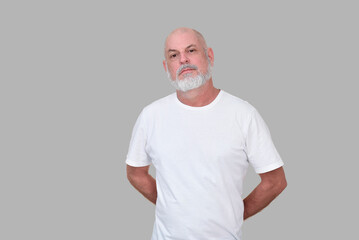 Obraz premium portrait adult man with white beard and bald head happy expression model man playing guitar stripped