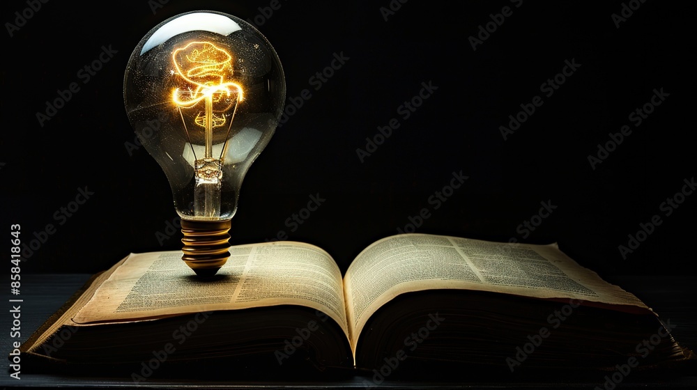 Wall mural Light bulb on an old book on a dark background The concept of education and knowledge - Wall murals